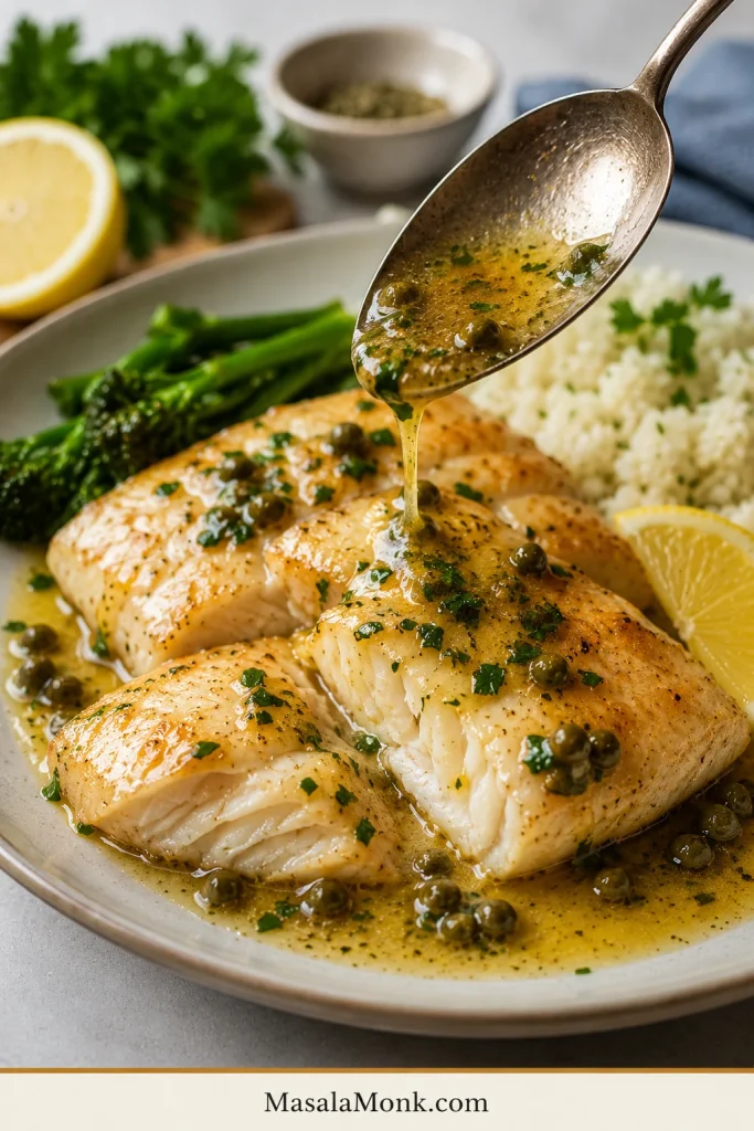 Lemon butter sauce being spooned over pan-seared rockfish with capers, herbs, rice, and lemon.