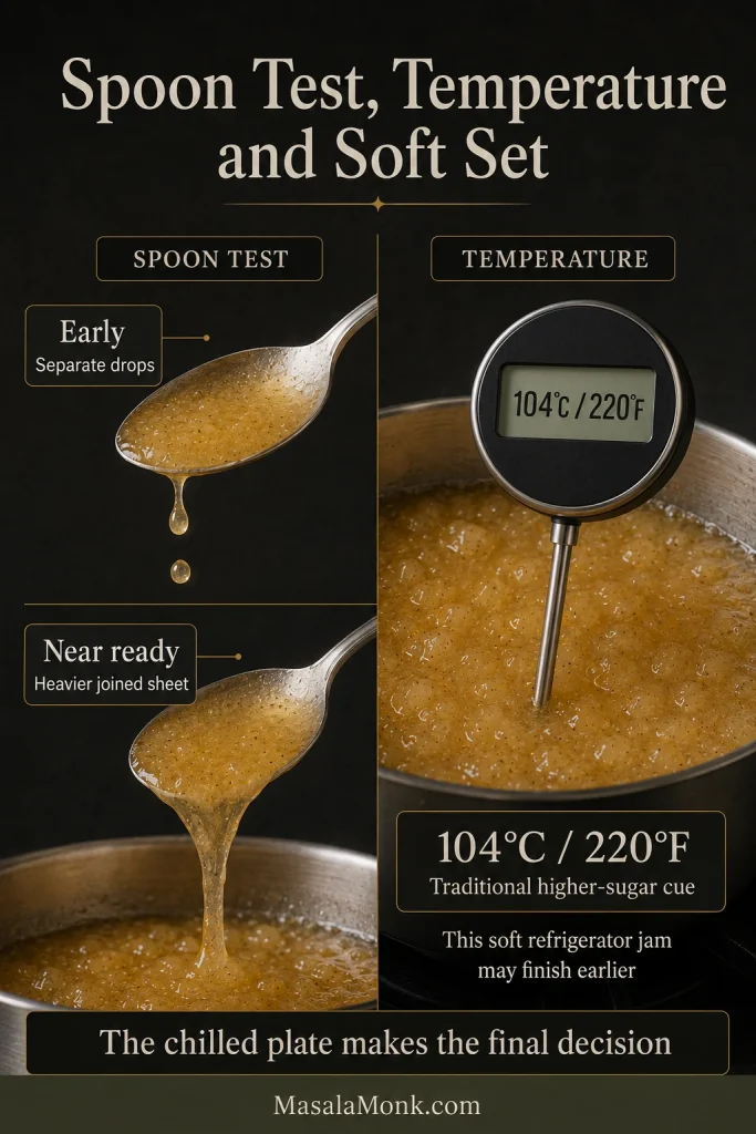 Thin jam falls as separate drops, thicker jam forms a joined sheet, and a thermometer reads 104°C or 220°F.