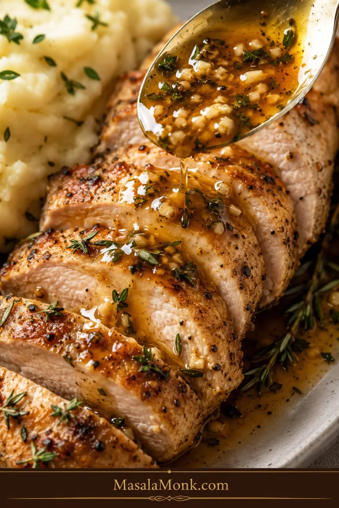 Garlicky pan juices being spooned over sliced turkey tenderloin.