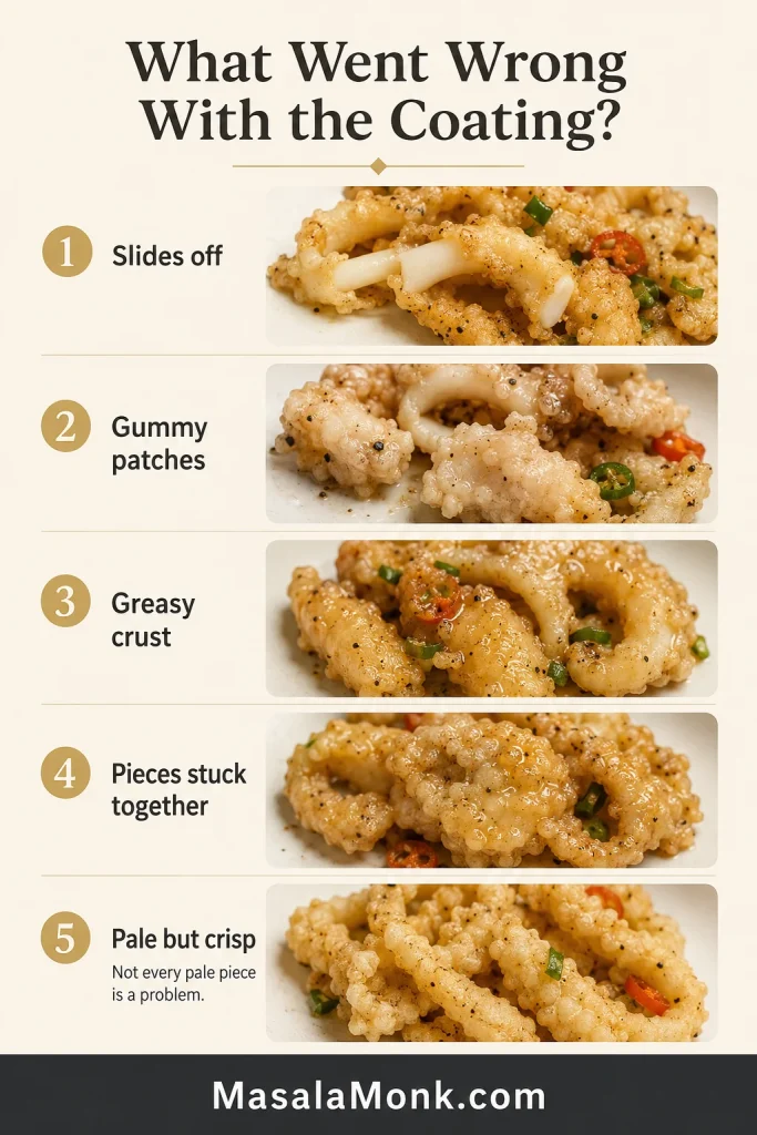 Troubleshooting board showing coating sliding off, gummy patches, greasy crust, stuck pieces and pale but crisp squid.