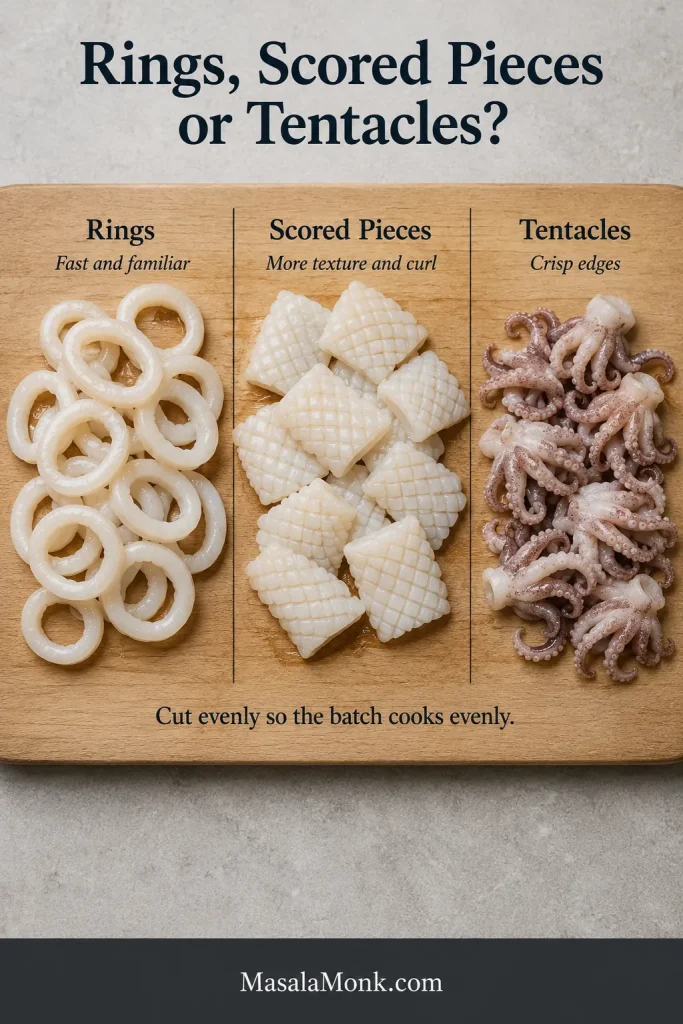 Raw squid prepared as rings, scored pieces and tentacle clusters on a cutting board.