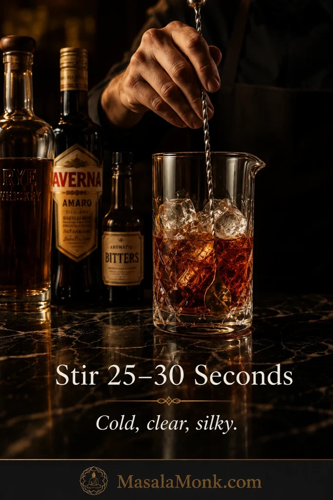 A Black Manhattan mixture being stirred with ice in a mixing glass using a bar spoon, with bar tools and bottles nearby.
