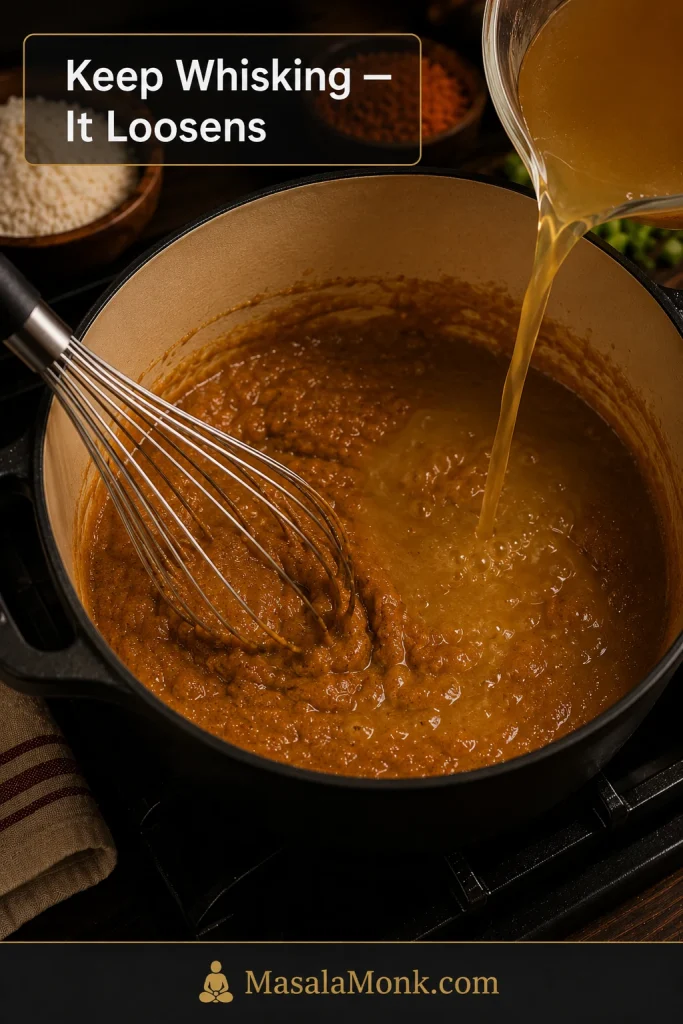Warm stock being whisked into a roux base for Cajun étouffée sauce