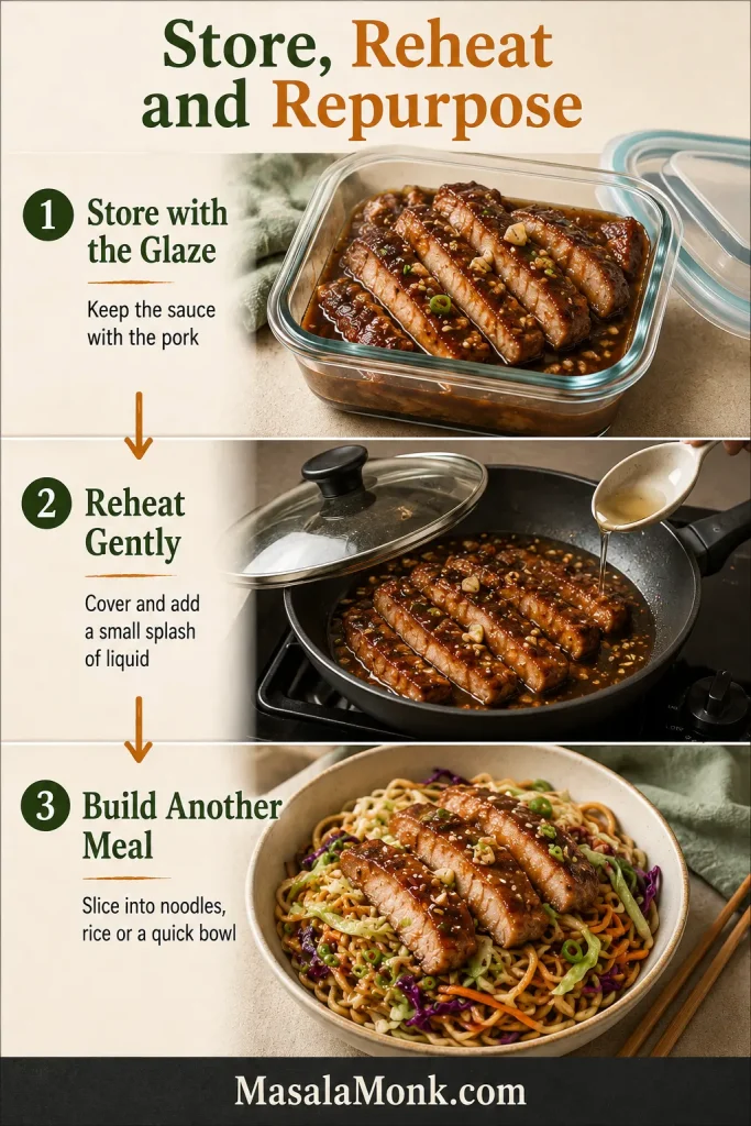 Honey garlic pork chops storage guide showing cooked pork kept with glaze, gently reheated in a covered skillet and repurposed with noodles and vegetables.