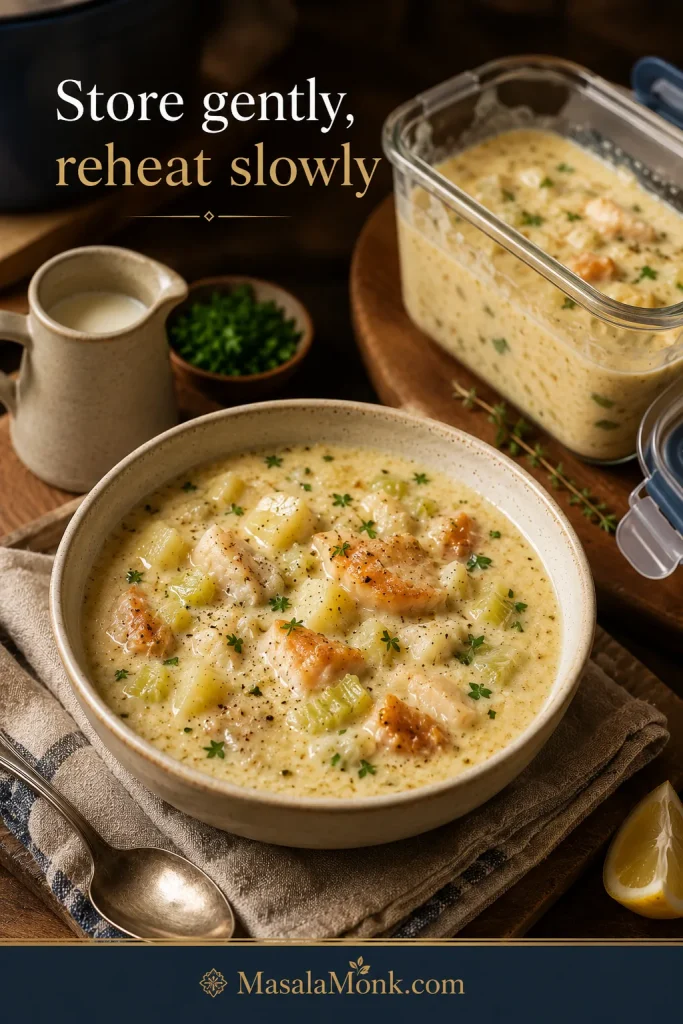 Smoked haddock chowder in a bowl and glass storage container with a small jug of milk, herbs, spoon, and lemon.