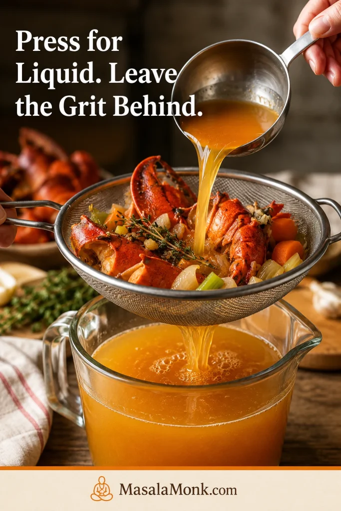 Golden lobster shell stock being strained through a fine mesh strainer with shells and vegetables left behind.