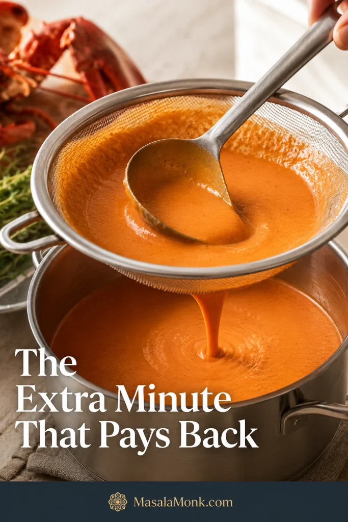 Smooth coral-orange lobster bisque being pressed through a fine mesh strainer into a clean pot.