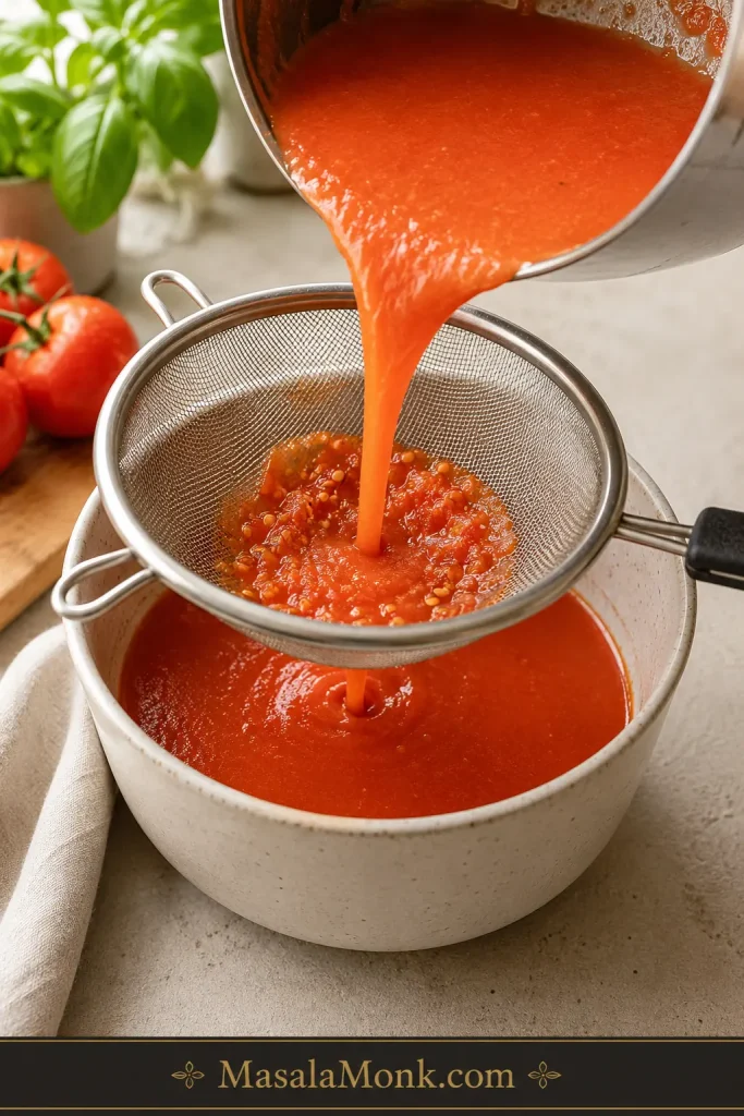 Tomato soup being poured through a fine-mesh strainer, with seeds and skin bits left behind.