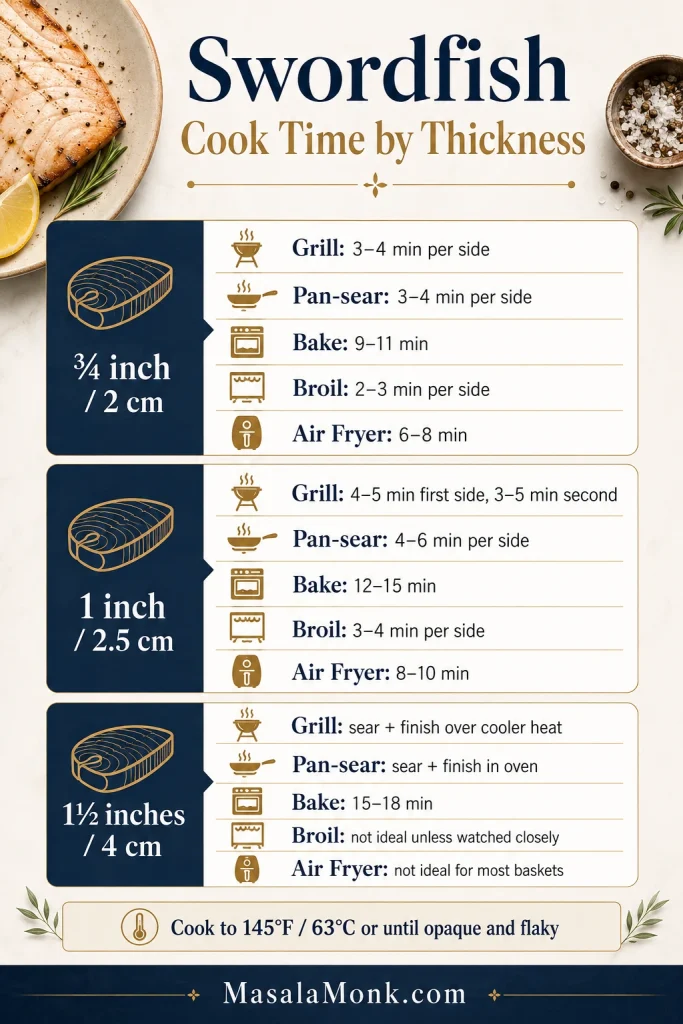 Infographic listing swordfish cook times by steak thickness for grilling, pan-searing, baking, broiling, and air frying.