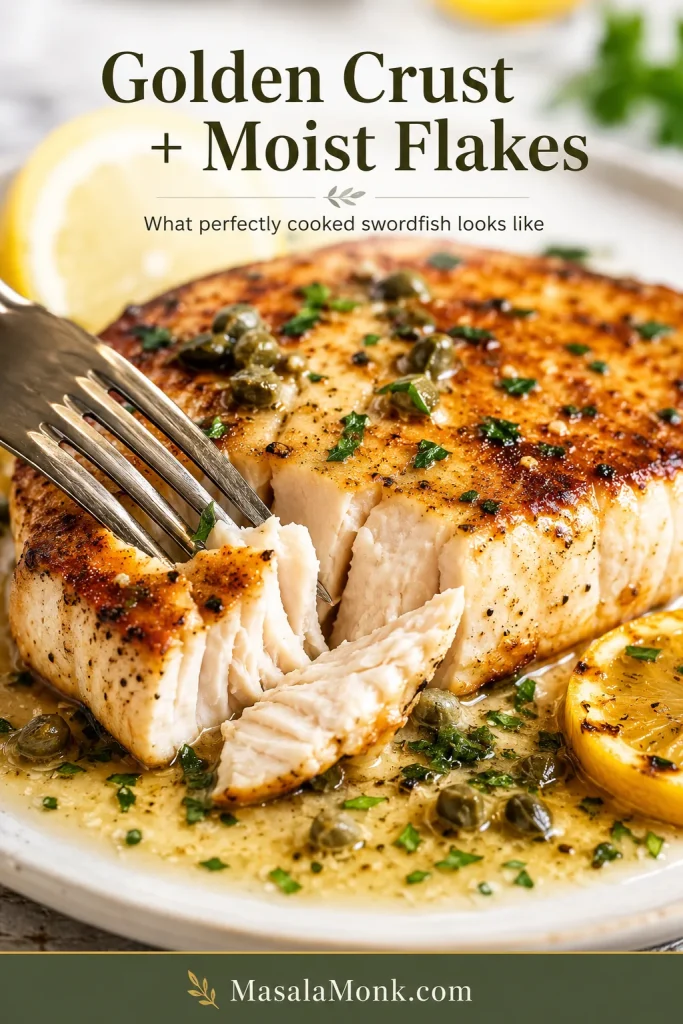Close-up of cooked swordfish with golden crust, moist flakes, lemon butter sauce, capers, and a fork.