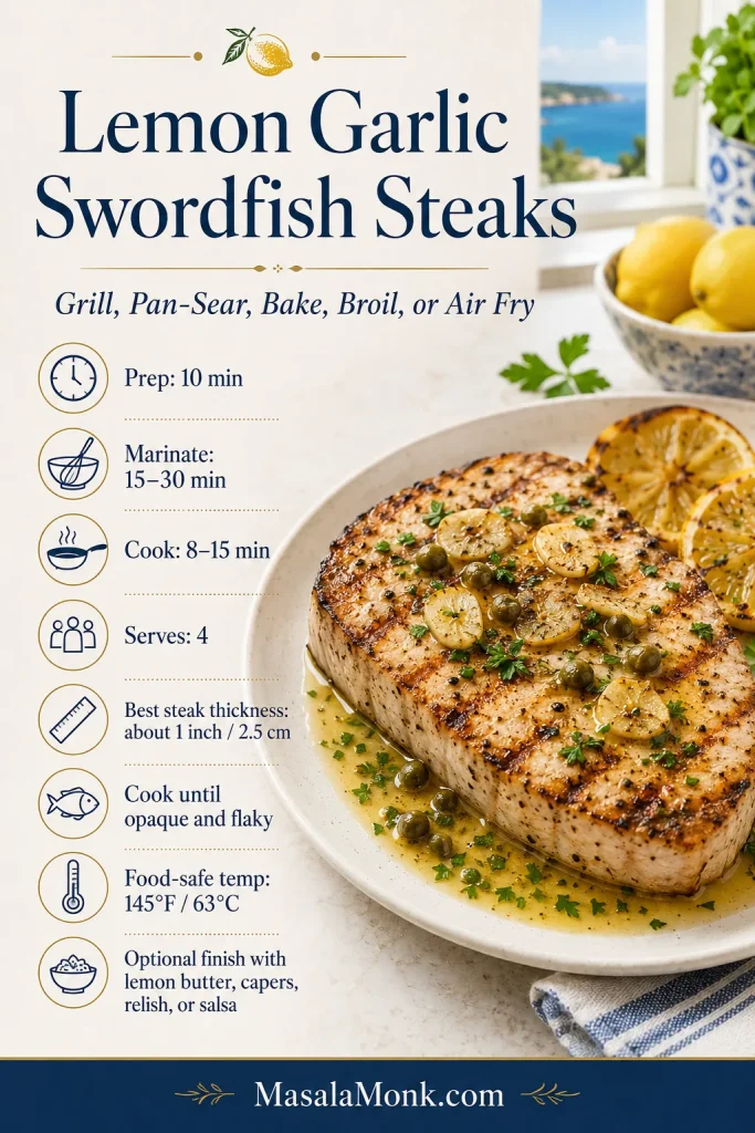 Recipe card for lemon garlic swordfish steaks with prep time, marinade time, cook time, steak thickness, servings, and internal temperature.