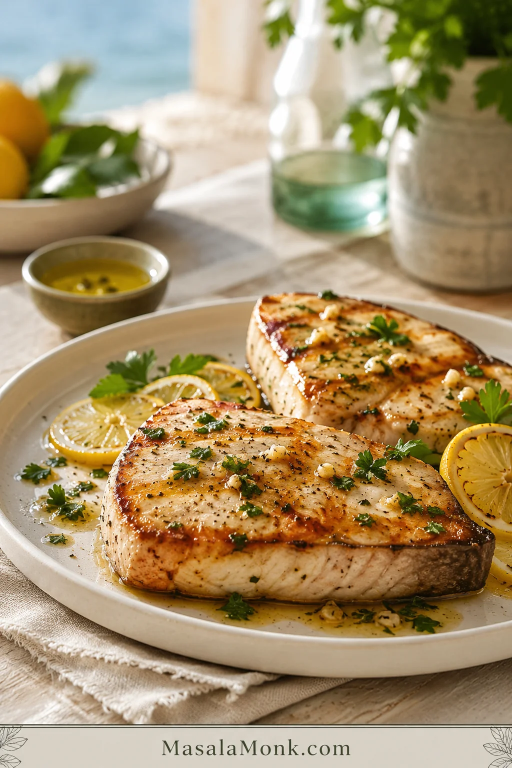 Cooked lemon garlic swordfish steaks on a light plate with lemon slices, herbs, and pan juices.