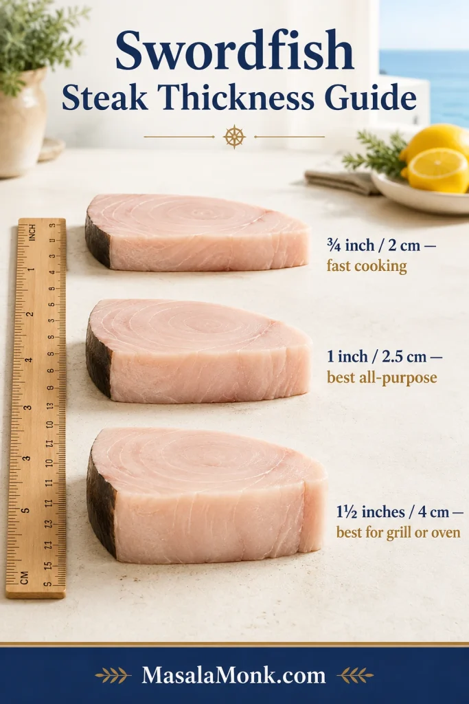 Side-angle thickness guide showing raw swordfish steaks labeled ¾ inch, 1 inch, and 1½ inches beside a ruler.