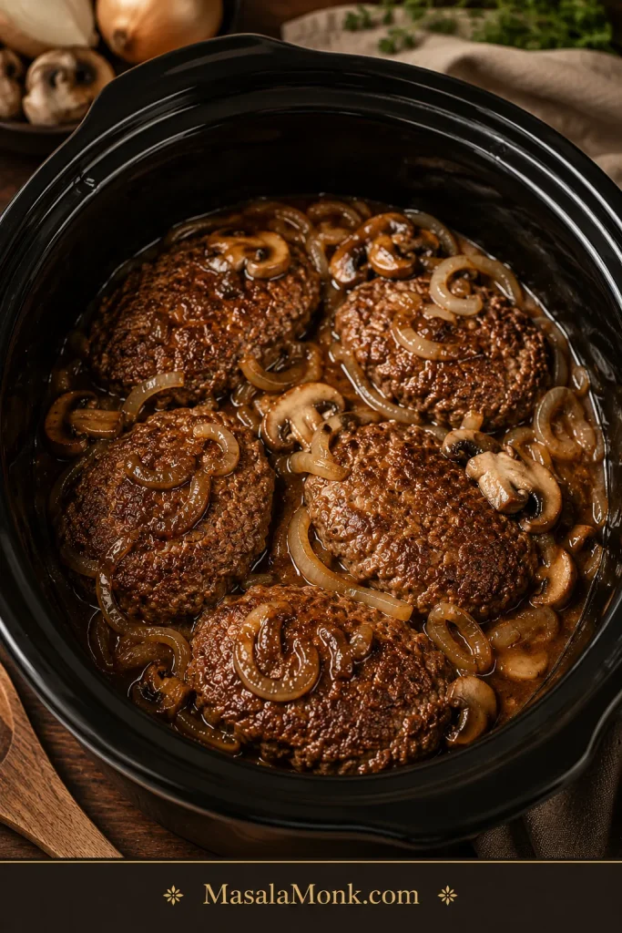 Thawed and browned hamburger-style patties arranged in a slow cooker with brown gravy, onions, and mushrooms for Salisbury steak.