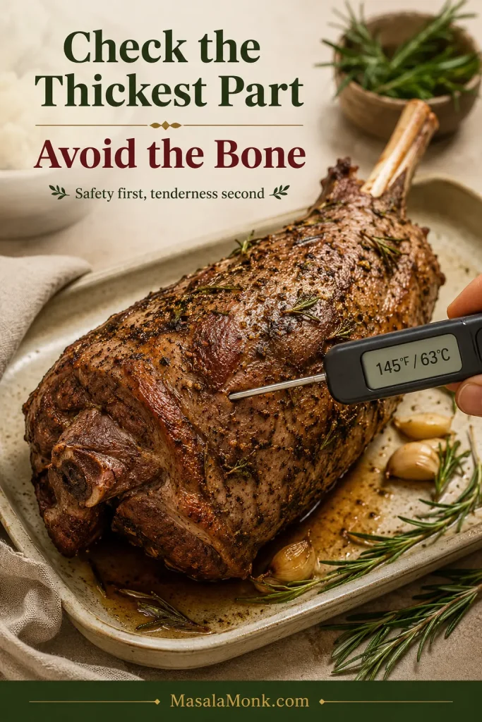 Digital thermometer inserted into the thickest part of a cooked leg of lamb, showing 145°F and 63°C while avoiding the bone.