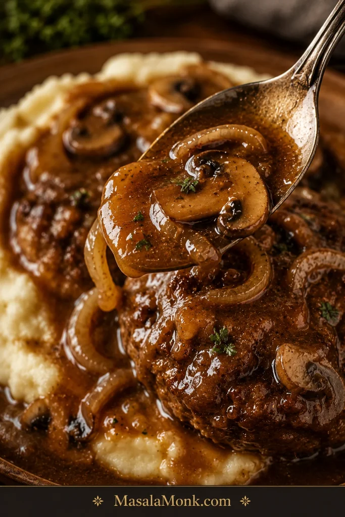 Close-up of thick glossy brown Salisbury steak gravy with mushrooms and onions clinging to a spoon.