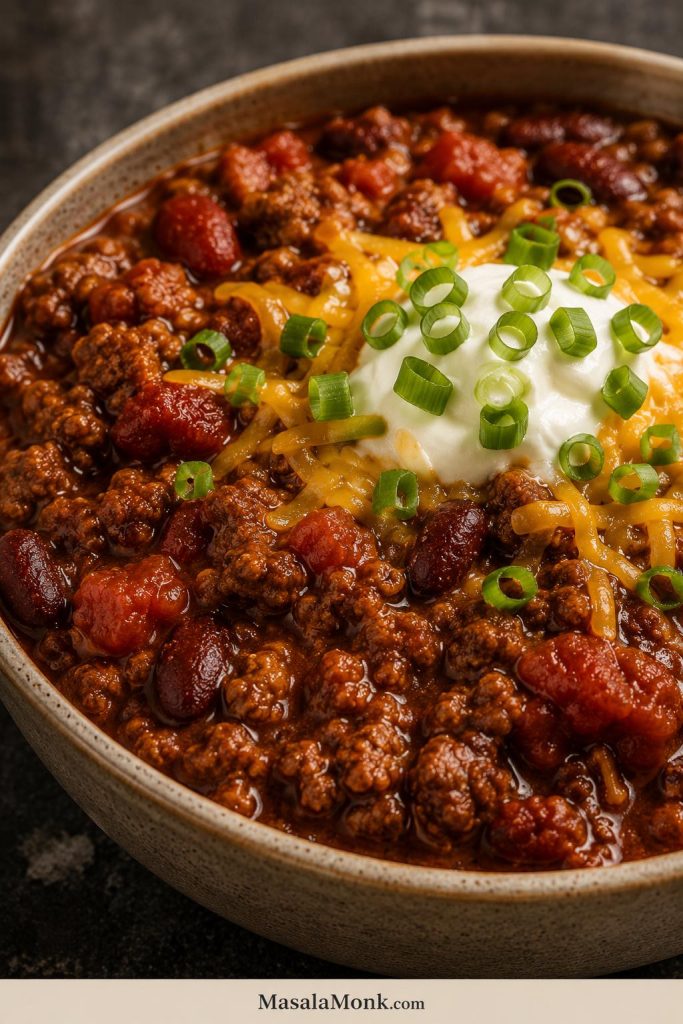 Close-up of crockpot chili in a bowl with ground beef, beans, tomato sauce, melted cheddar cheese, sour cream, and green onions