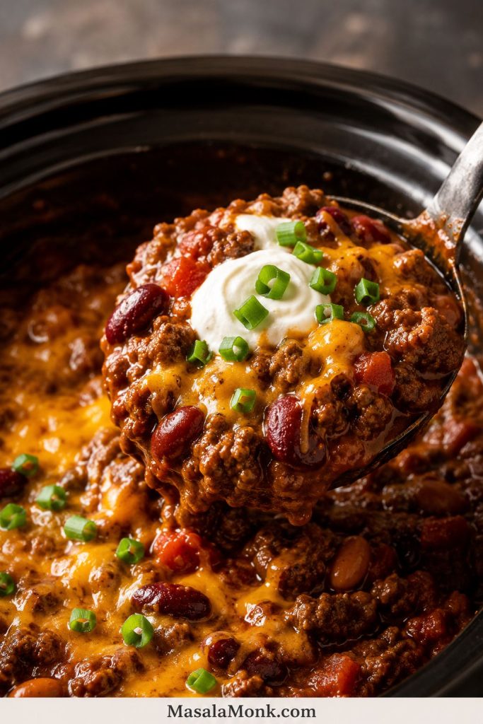 Spoon lifting slow cooker chili with ground beef, beans, and red tomato sauce