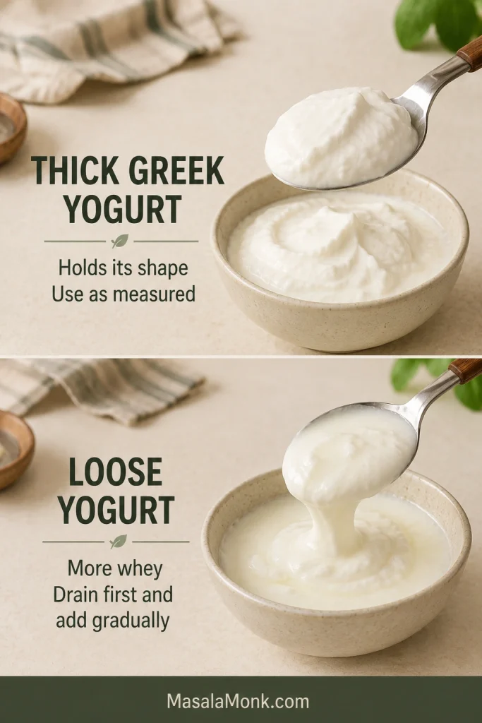 Comparison of thick Greek yogurt and loose yogurt in bowls for pizza dough texture.
