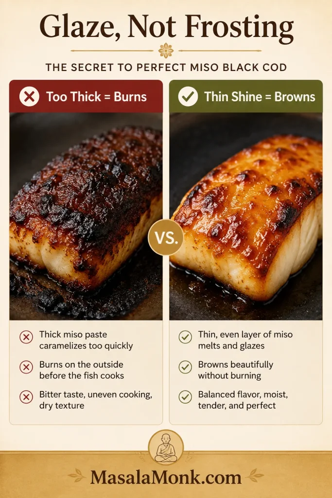 Comparison guide showing thick miso paste that burns versus a thin shiny glaze that browns on black cod.