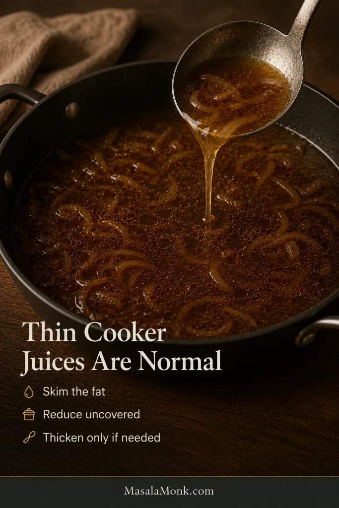 Thin brown slow-cooker juices containing softened onions and visible fat droplets being poured from a ladle into a wide saucepan.