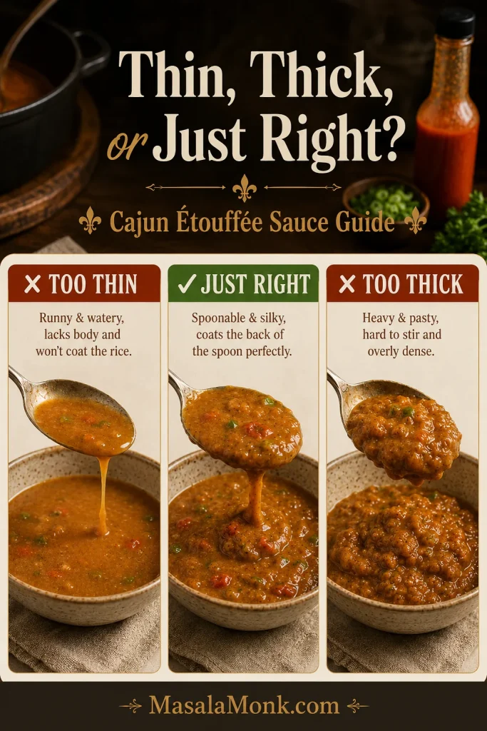 Three-panel guide comparing thin, just-right, and too-thick Cajun étouffée sauce textures