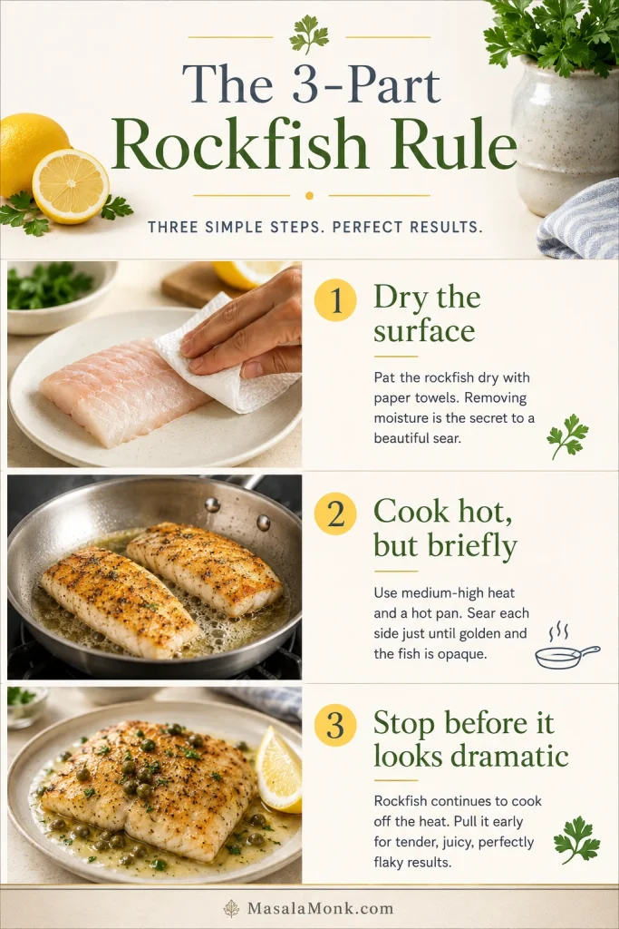 Infographic showing three rockfish cooking rules: dry the surface, sear briefly, and stop before the fish dries out.