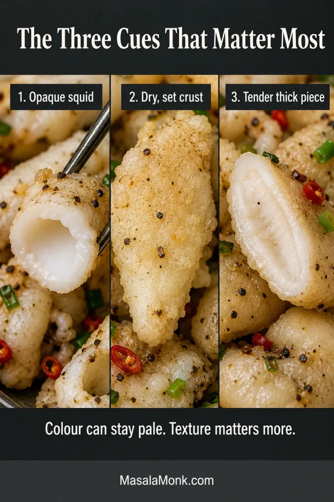 Three-panel doneness guide showing opaque squid, dry set crust and a tender thick piece.