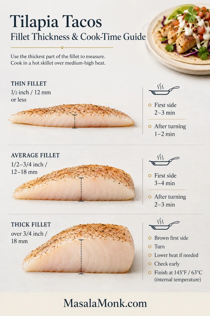 Guide comparing thin, average and thick tilapia fillets with thickness measurements, separate first-side and finishing times, and a 145°F or 63°C target.