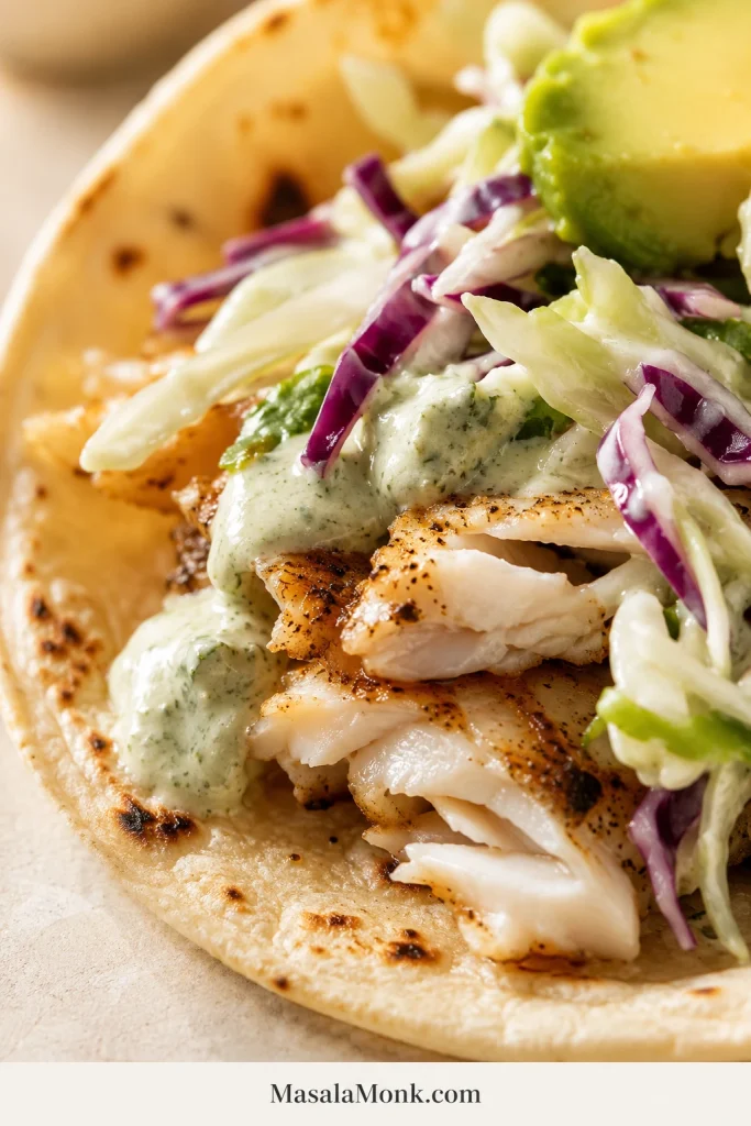 Close view of a corn tortilla holding large browned tilapia flakes, purple and green cabbage slaw, avocado and pale cilantro-lime sauce.