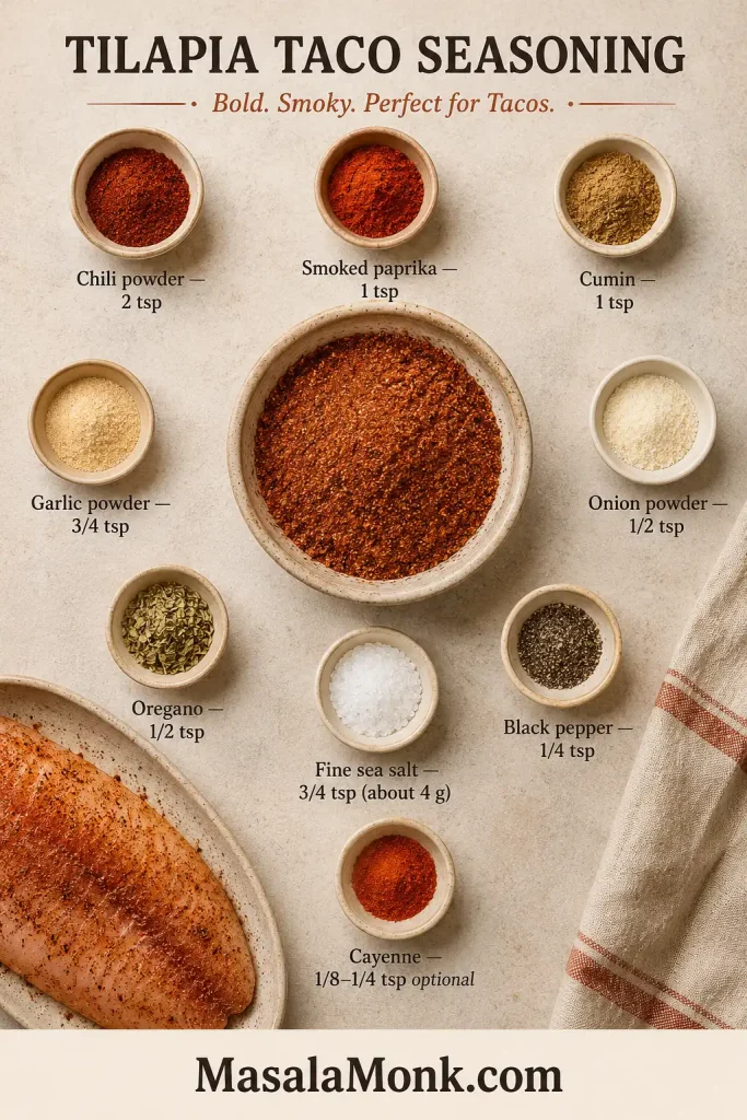 Nine labeled bowls containing measured chili powder, smoked paprika, cumin, garlic powder, onion powder, oregano, sea salt, black pepper and optional cayenne.