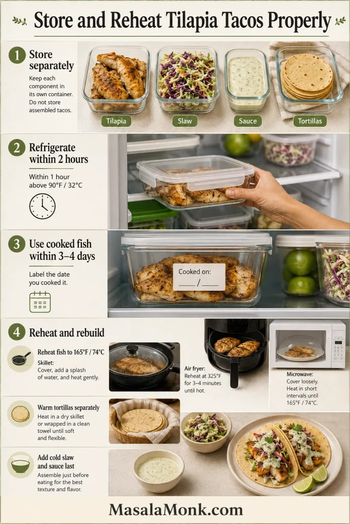 Storage guide showing tilapia, slaw, sauce and tortillas in separate containers, a dated fish container in a refrigerator, three reheating methods and freshly rebuilt tacos.