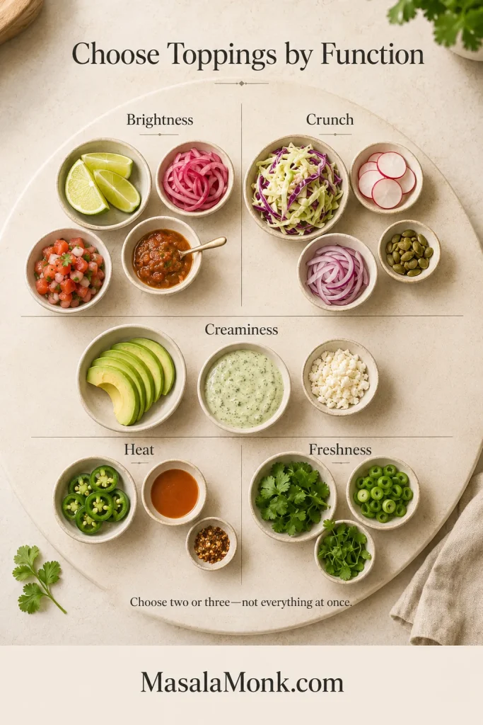 Overhead topping board divided into brightness, crunch, creaminess, heat and freshness, with lime, onion, salsa, cabbage, radish, avocado, sauce, cheese, jalapeño and herbs.