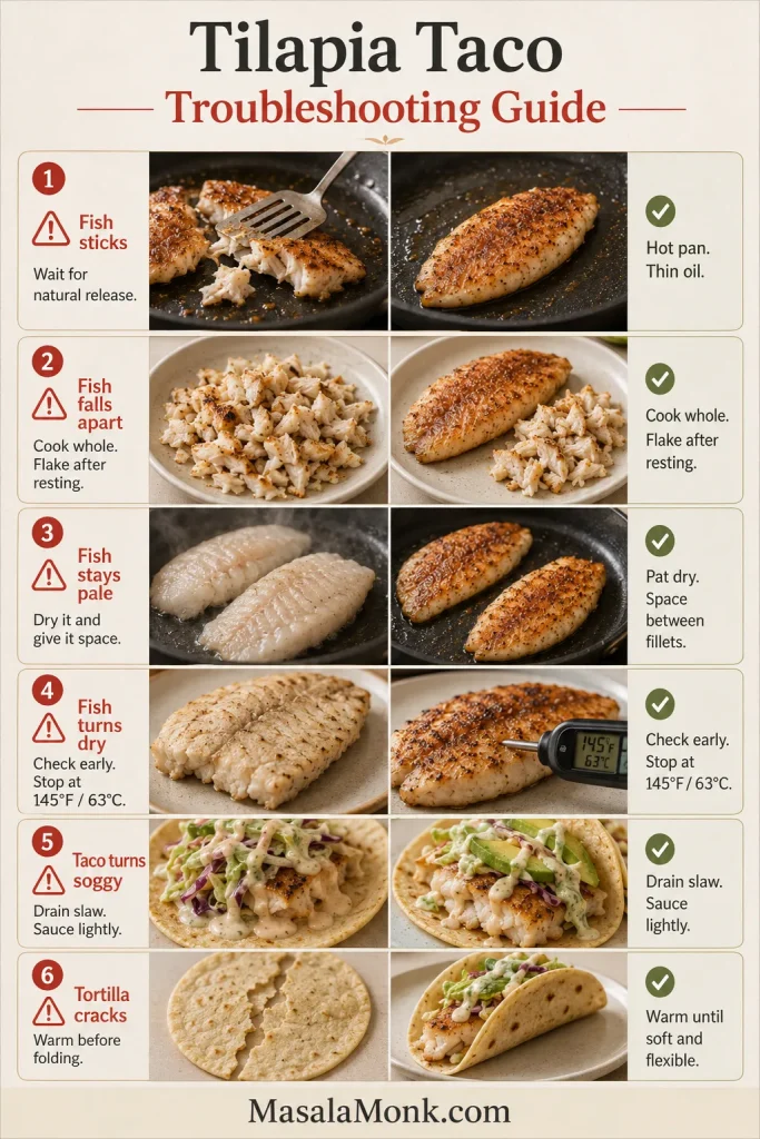 Six-part guide comparing sticking, broken, pale and dry tilapia, plus soggy tacos and cracked tortillas, with corrected examples beside each problem.