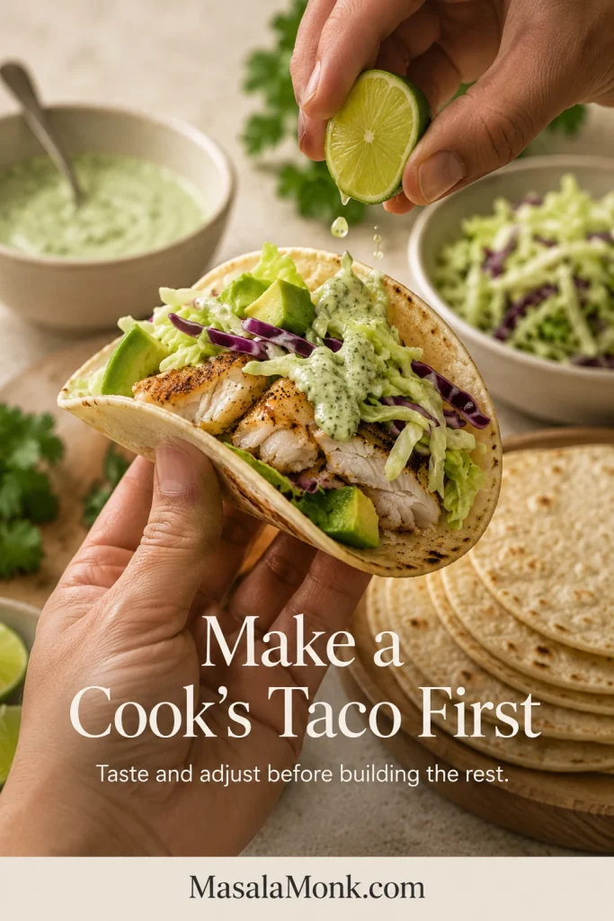 Hands holding a tilapia taco while squeezing lime over browned fish, cabbage slaw, avocado and pale sauce, with prepared taco components behind it.