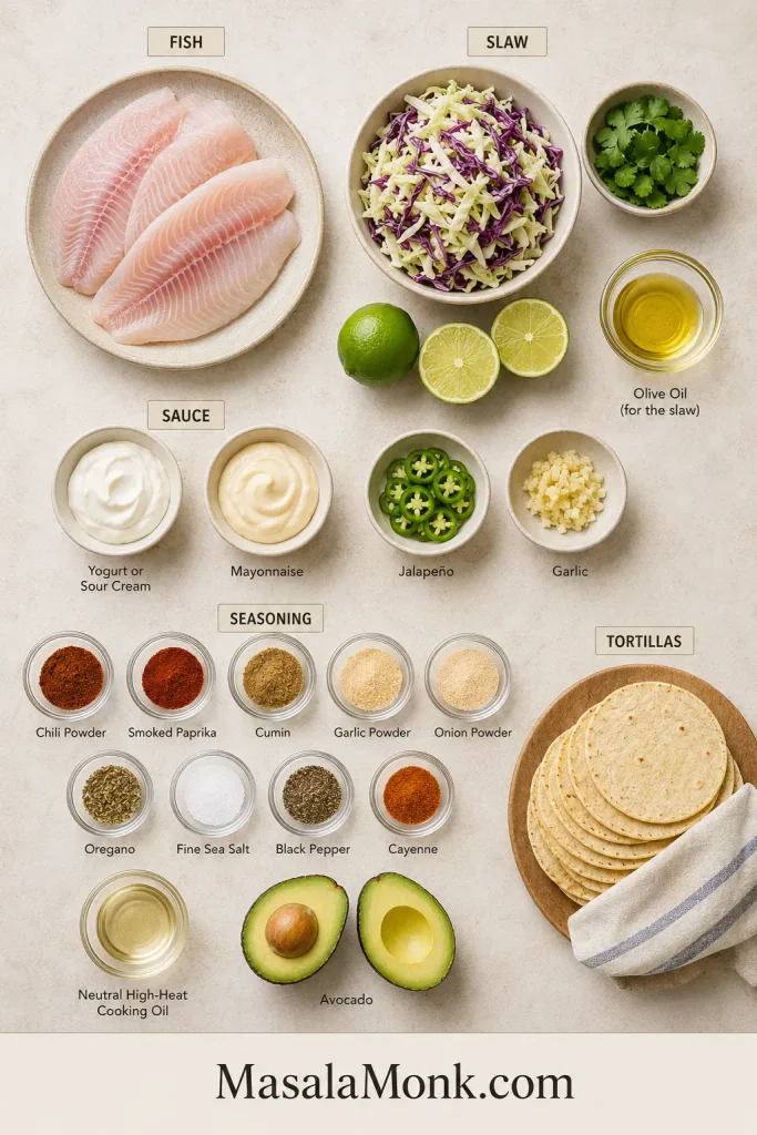 Overhead arrangement of raw tilapia, corn tortillas, cabbage, cilantro, limes, avocado, jalapeño, garlic, yogurt, mayonnaise, two cooking oils and small bowls of spices.