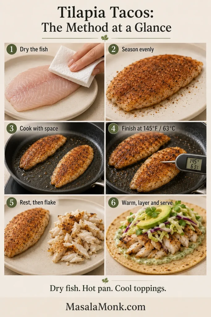 Six-step guide showing tilapia being dried, seasoned, cooked with space, checked with a thermometer, rested and flaked, then assembled in a warm tortilla.
