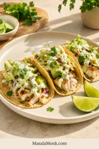 Three corn-tortilla tacos filled with browned tilapia, green and purple cabbage slaw, avocado, pale cilantro-lime sauce and fresh cilantro, with lime wedges beside the plate.