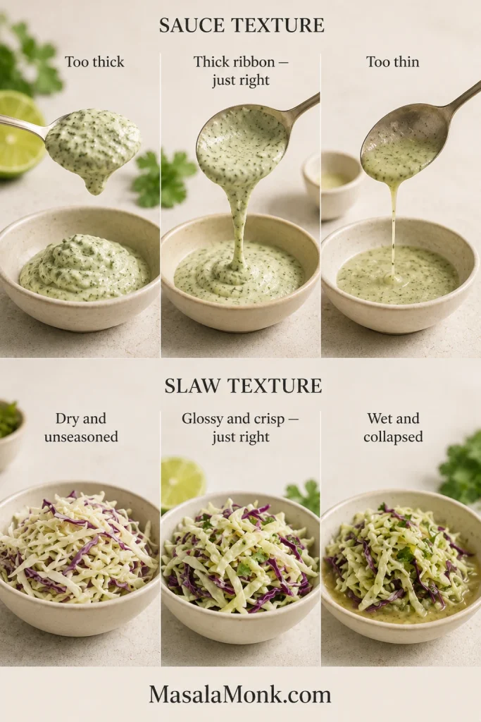 Six-panel comparison of sauce that is stiff, correctly ribboning or runny, and cabbage slaw that is dry, glossy and crisp or wet with pooled dressing.