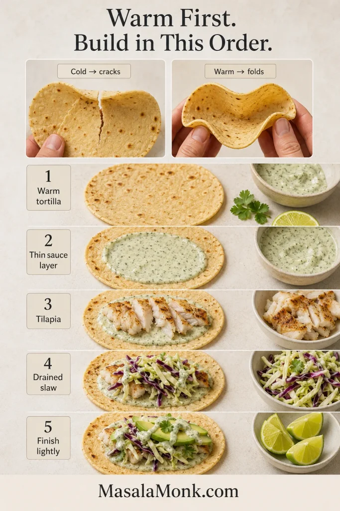Guide comparing a cracked cold tortilla with a flexible warm tortilla, followed by assembly with sauce, tilapia, drained slaw, avocado and a light final drizzle.