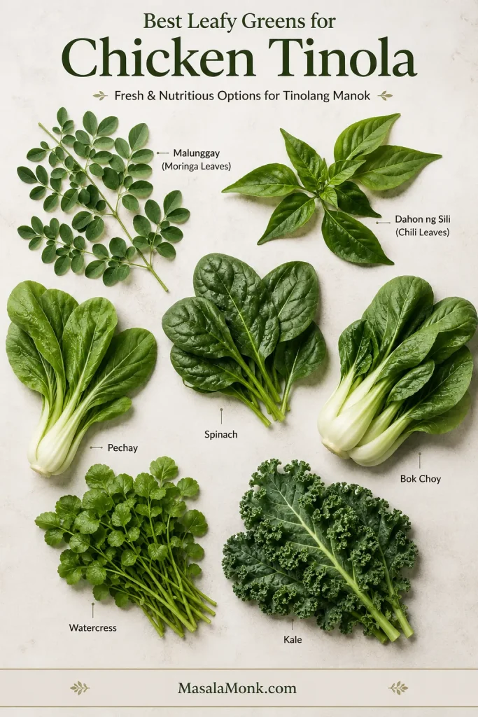 Labeled guide board of Tinola greens, including malunggay, dahon ng sili, spinach, pechay, bok choy, watercress, and kale.