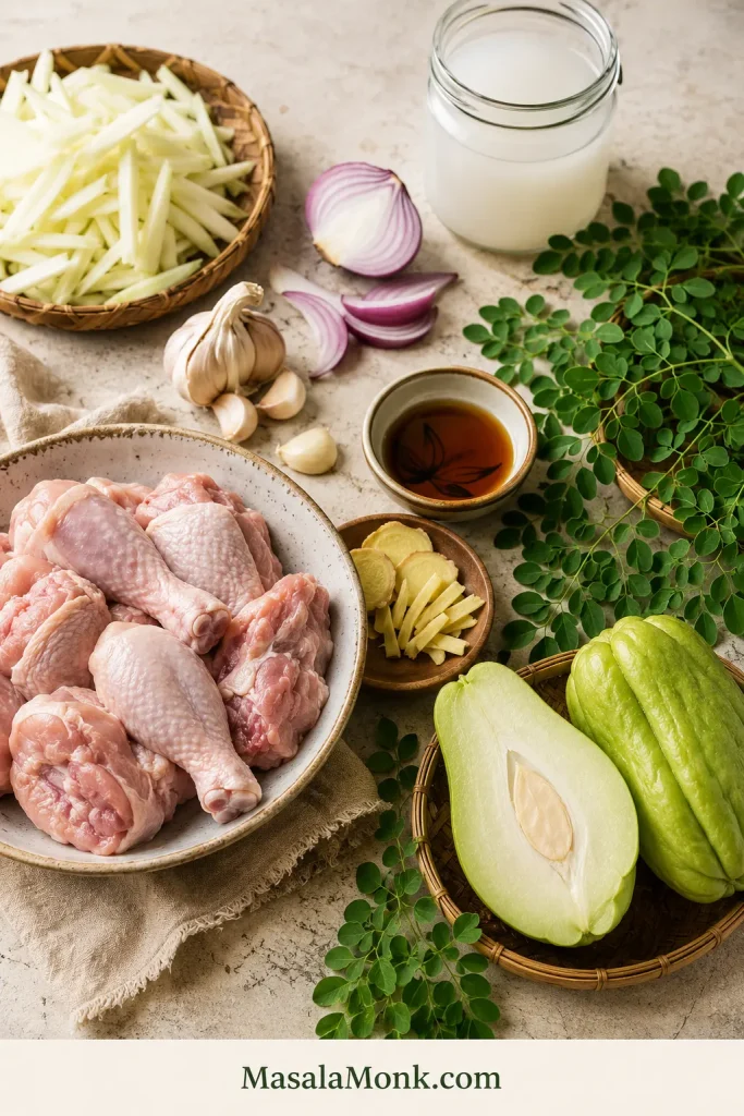 Chicken Tinola ingredients on a board, including bone-in chicken, ginger, garlic, onion, fish sauce, green papaya, sayote, malunggay leaves, and rice wash.
