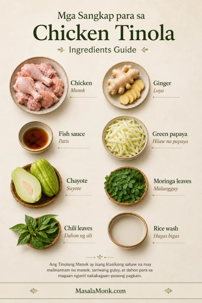 Tagalog-English ingredient guide for Chicken Tinola showing chicken as manok, ginger as luya, fish sauce as patis, green papaya as hilaw na papaya, chayote as sayote, moringa leaves as malunggay, chili leaves as dahon ng sili, and rice wash as hugas bigas.