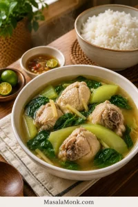 Bowl of Chicken Tinola with golden broth, bone-in chicken, green papaya or sayote wedges, leafy greens, steamed rice, calamansi, and dipping sauce.