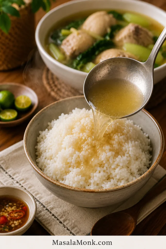 Golden Chicken Tinola broth being poured from a ladle over steamed white rice, with a bowl of Tinola in the background.