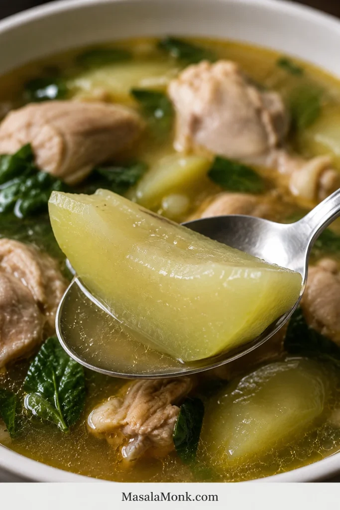 Spoon lifting an intact green papaya or sayote wedge from Chicken Tinola broth, with chicken and greens in the background.