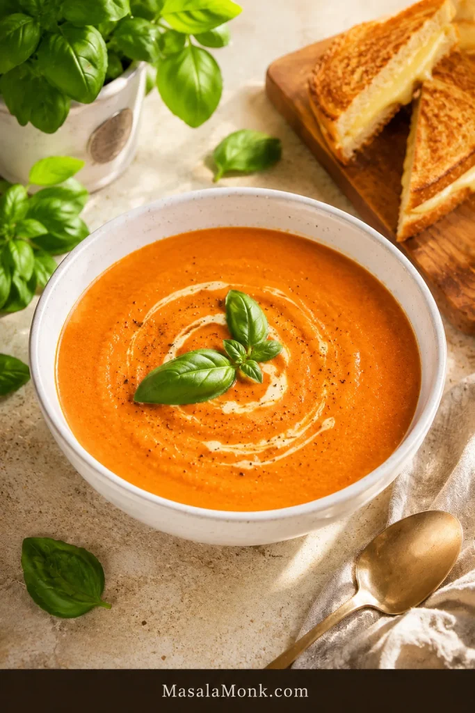 Bowl of tomato basil bisque with fresh basil garnish and grilled cheese nearby.