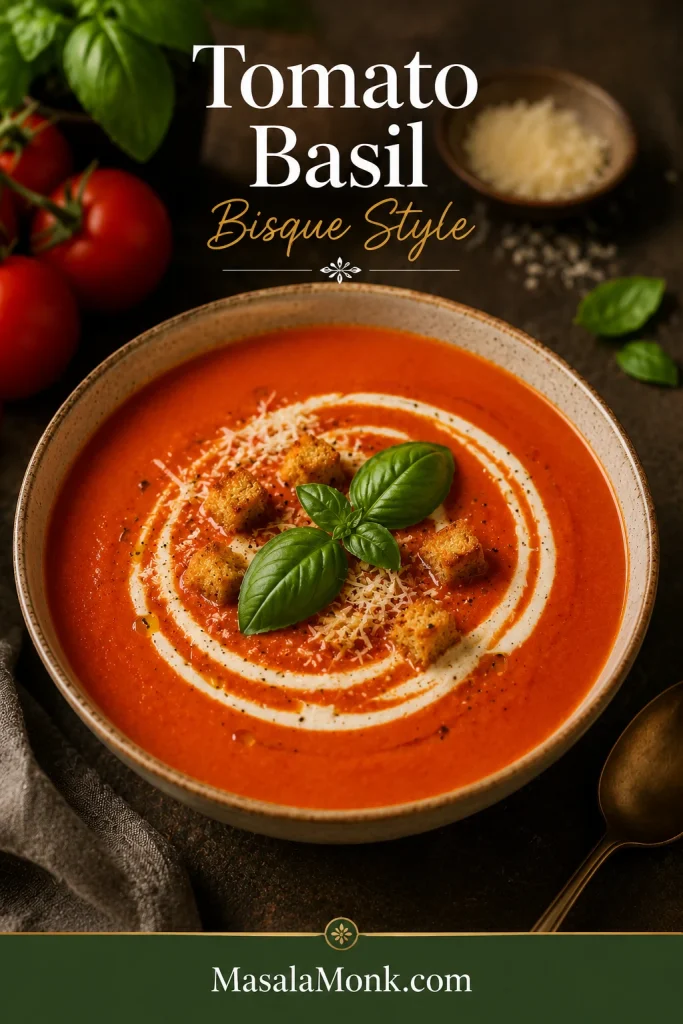 Smooth tomato basil bisque with cream swirl, basil, parmesan, and croutons in a restaurant-style bowl.