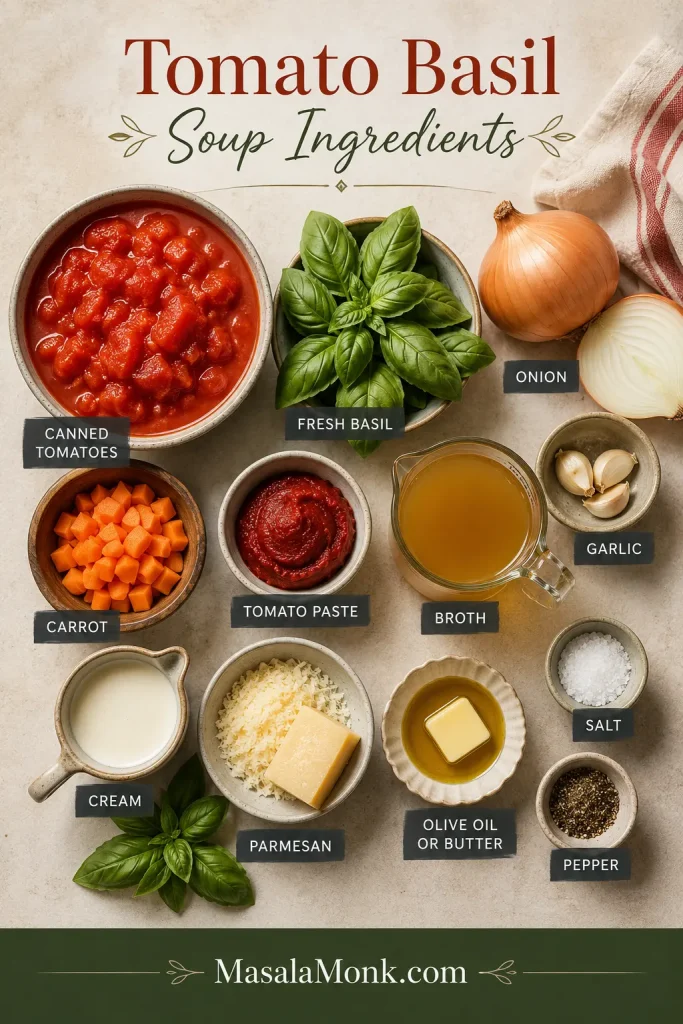 Flatlay of tomato basil soup ingredients including canned tomatoes, basil, onion, garlic, carrot, tomato paste, broth, cream, parmesan, oil, salt, and pepper.