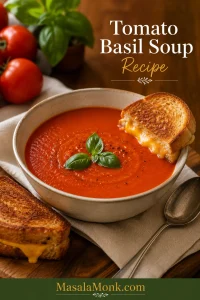 Bowl of smooth tomato basil soup garnished with basil and served with grilled cheese on a warm wooden table.